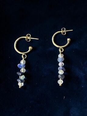 Gold-Finish Hoop Earrings with Blue and Iridescent Stone Drops